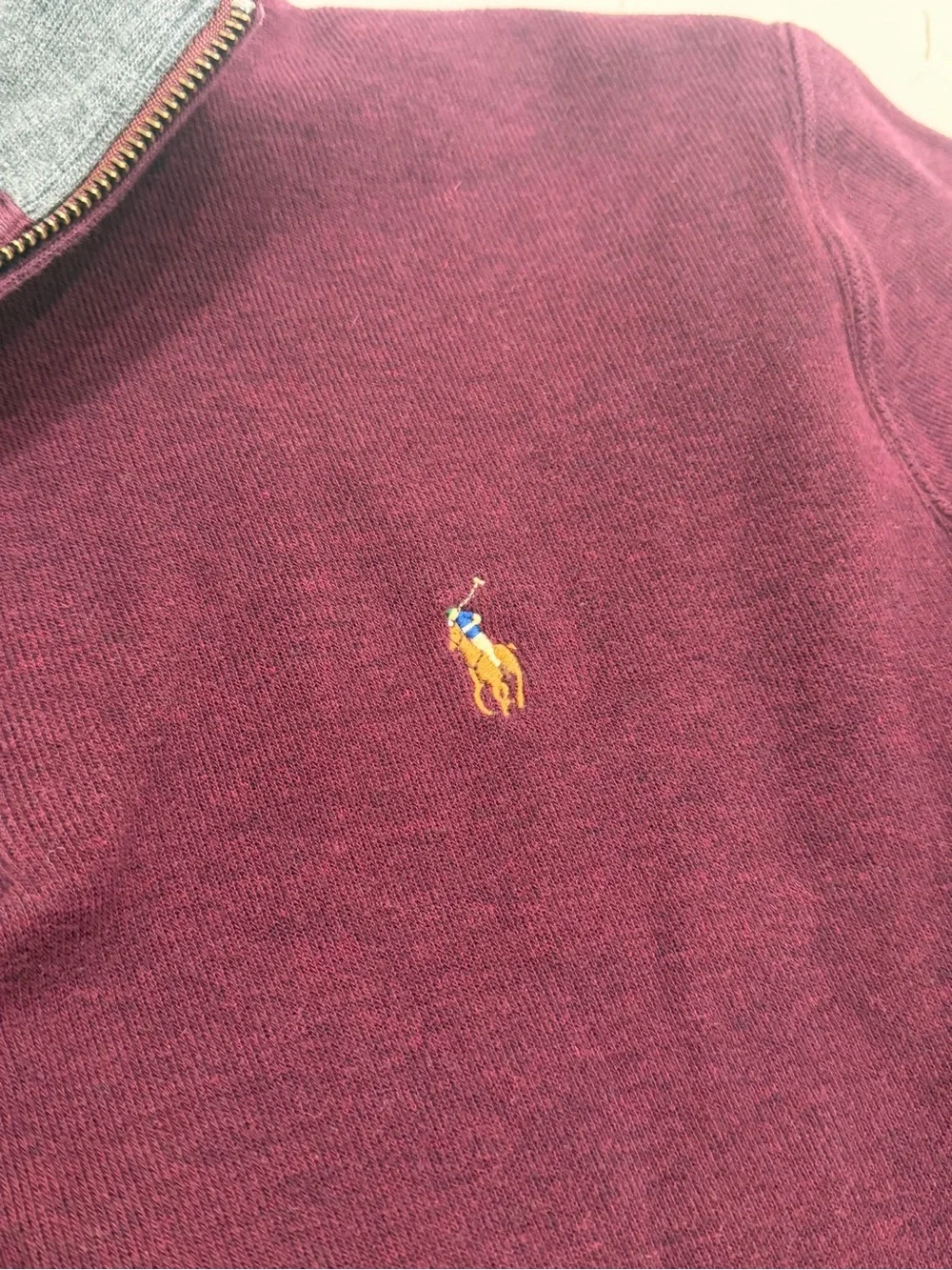 Polo by Ralph Lauren Men's Maroon Quarter-Zip Sweater with Grey Collar